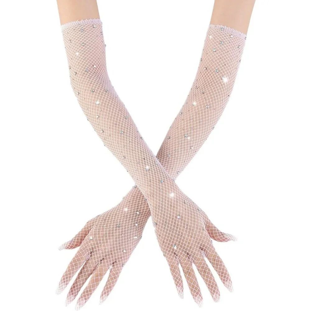 Women's Glitter White Rhinestone Elbow Length Long Gloves Halloween Party